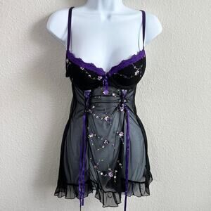 Indulgence by Biatta Lingerie Women's S/32 Black Floral Babydoll Chemise Dress